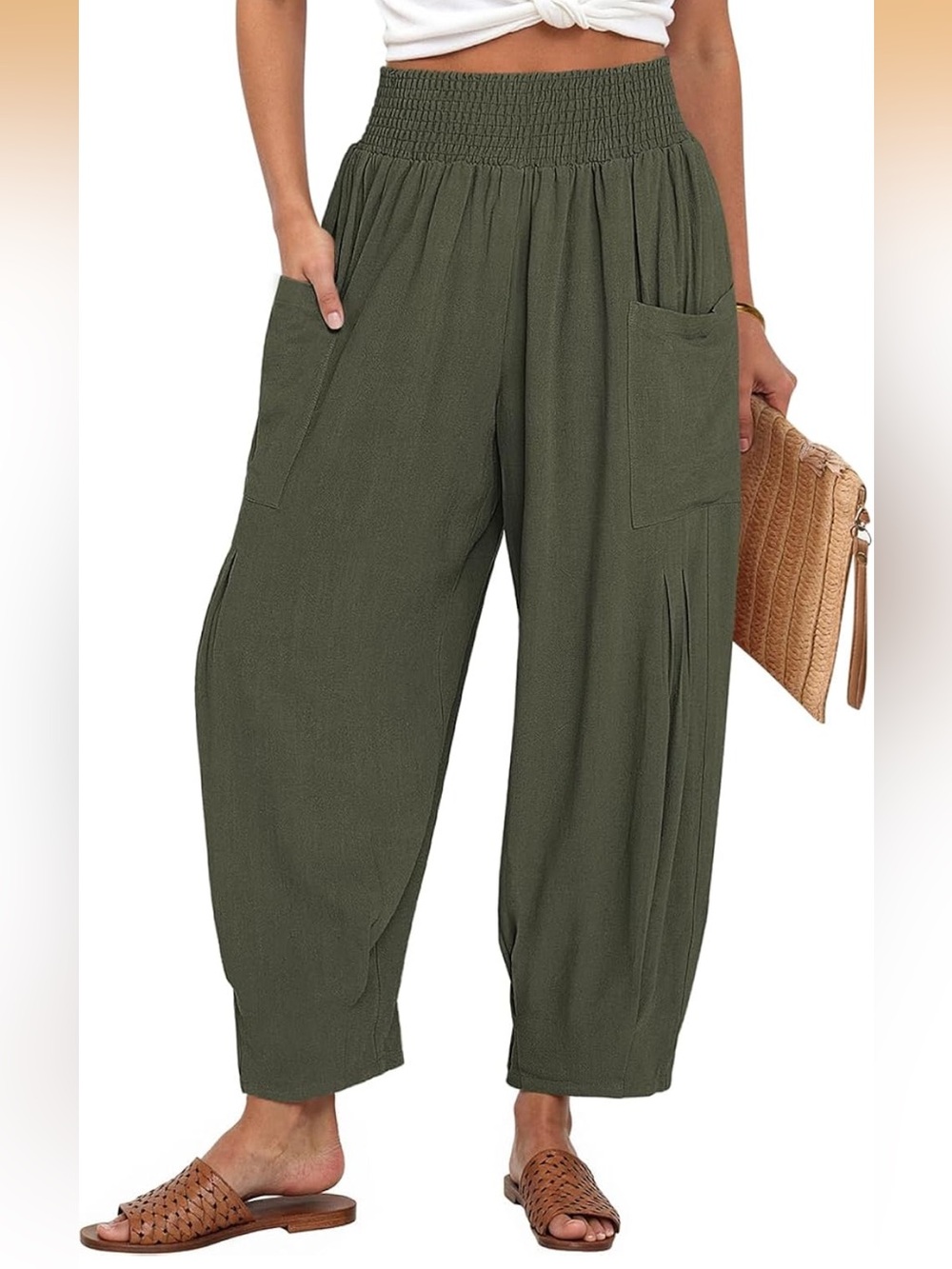 Olive Green Tapered Wide-Leg Pants w Large Side Pockets. Wide elastic waistband